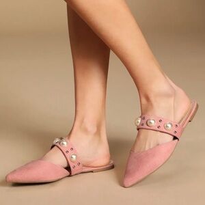 Lulu’s Pink Suede Pearl Pointed Toe Flats